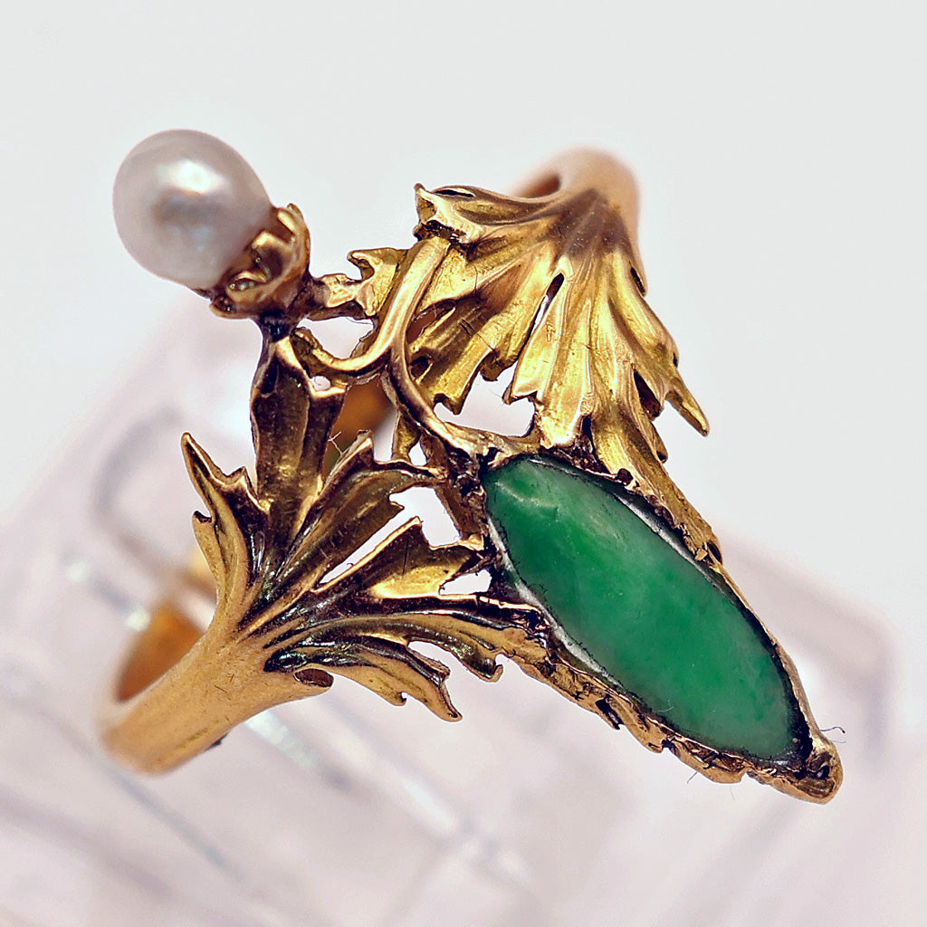 Antique Art Nouveau Ring 18k Gold Pearl Chrysoprase French (6635)