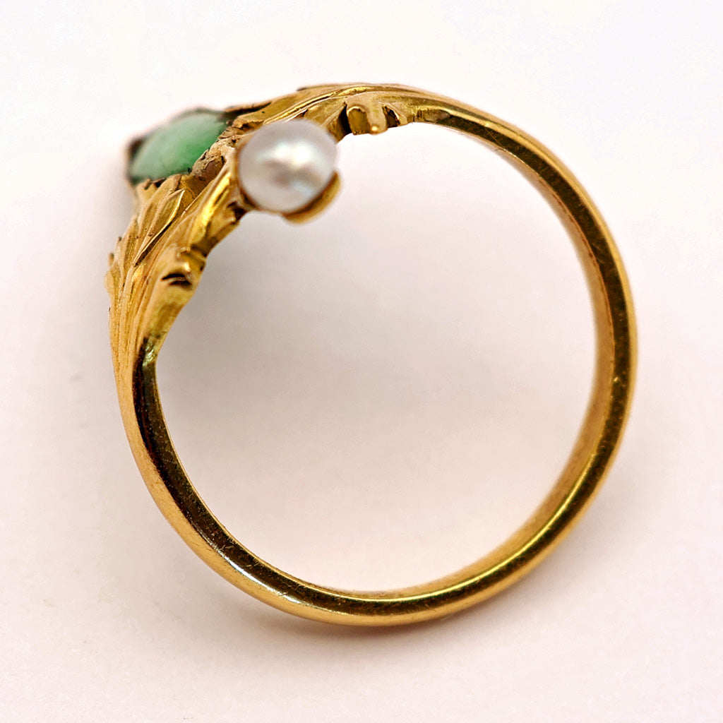 Antique Art Nouveau Ring 18k Gold Pearl Chrysoprase French (6635)