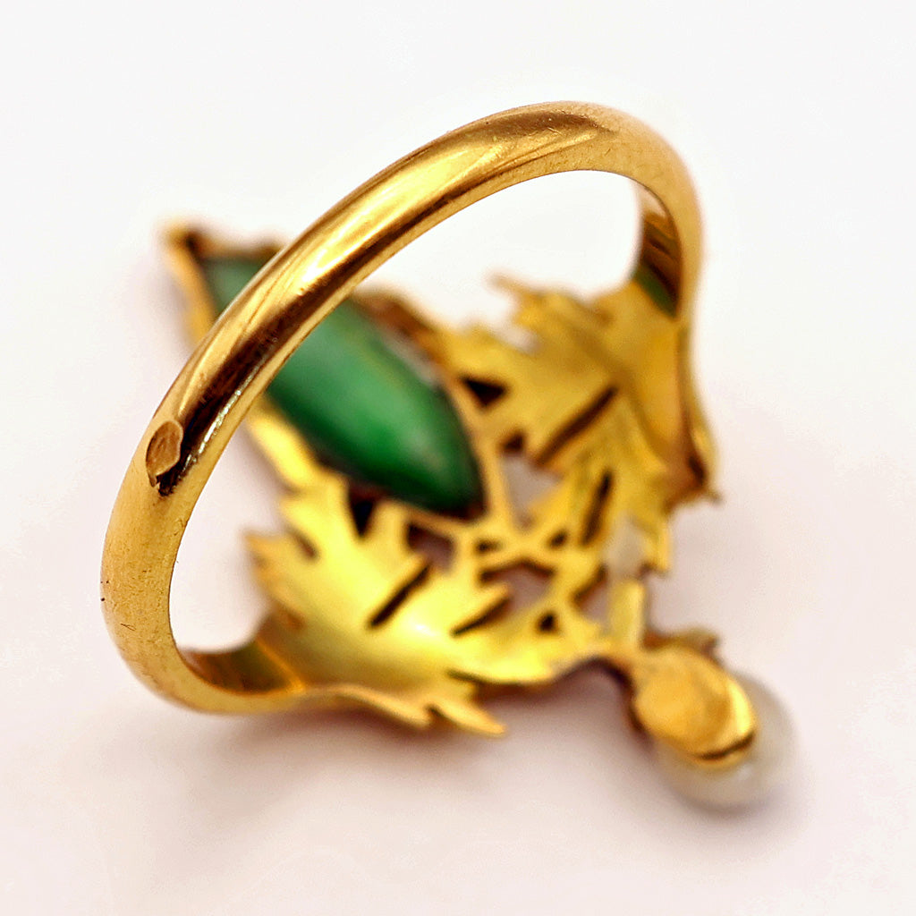 Antique Art Nouveau Ring 18k Gold Pearl Chrysoprase French (6635)
