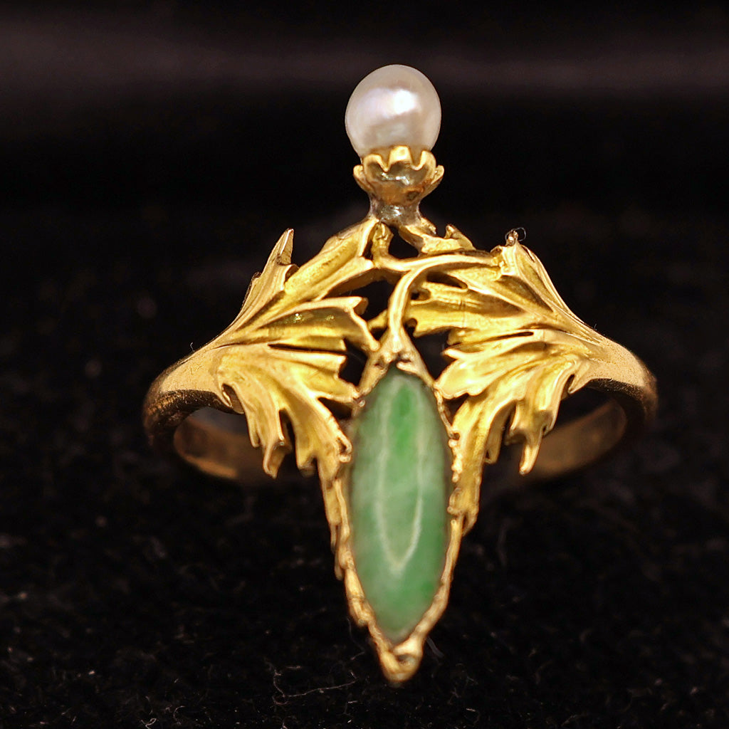Antique Art Nouveau Ring 18k Gold Pearl Chrysoprase French (6635)