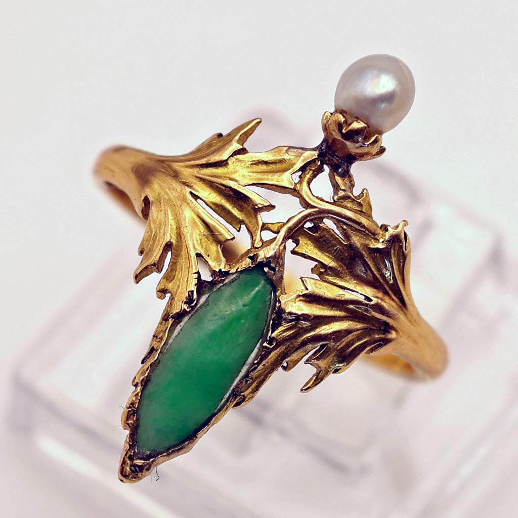 Antique Art Nouveau Ring 18k Gold Pearl Chrysoprase French (6635)