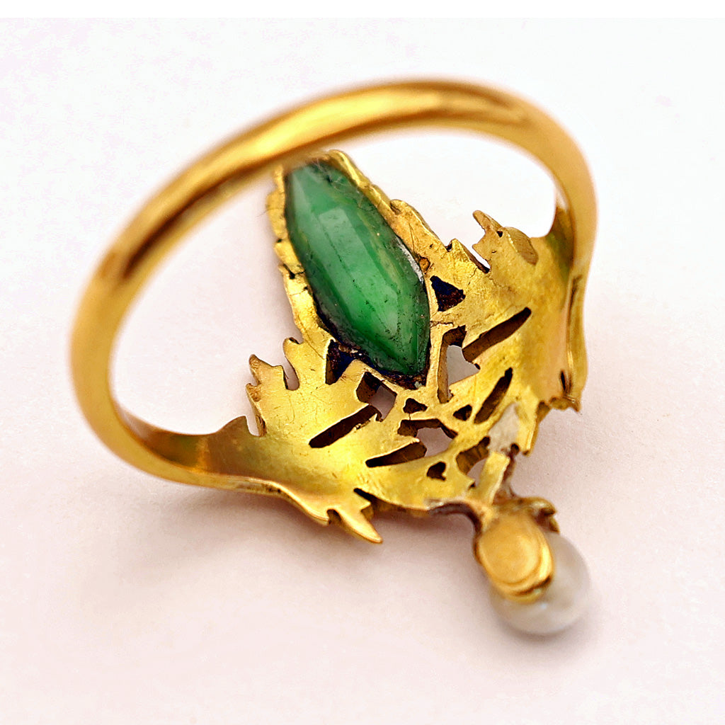 Antique Art Nouveau Ring 18k Gold Pearl Chrysoprase French (6635)