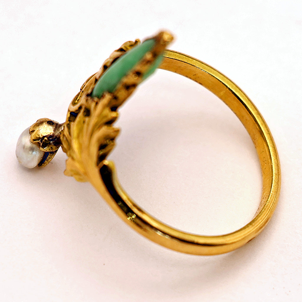 Antique Art Nouveau Ring 18k Gold Pearl Chrysoprase French (6635)
