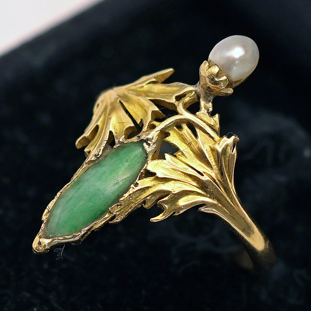 Antique Art Nouveau Ring 18k Gold Pearl Chrysoprase French (6635)