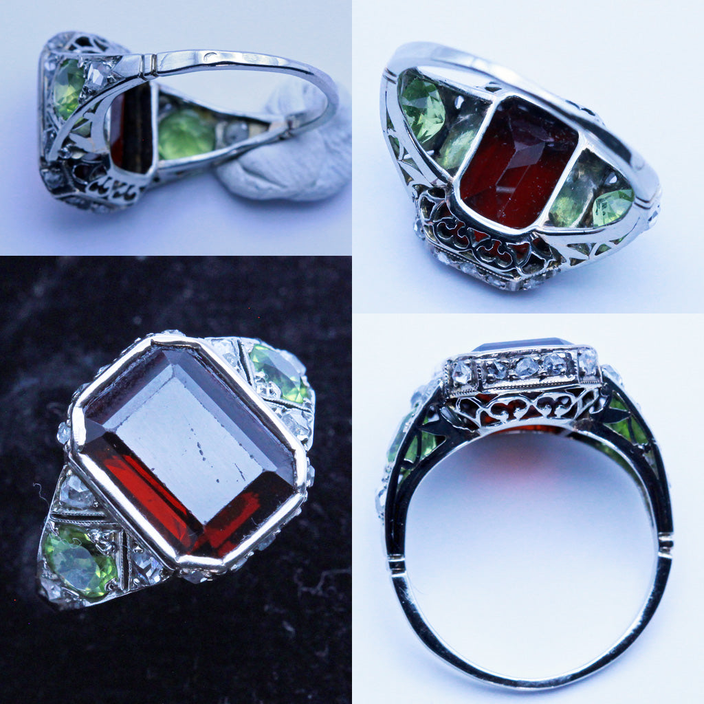 Antique Art Deco Signet Ring 18k Gold Garnet Peridot Diamonds Unisex (7189)