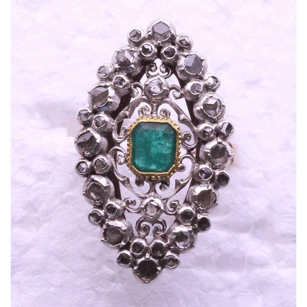 Antique Victorian ring emerald diamonds gold silver openwork Sicily (7303)