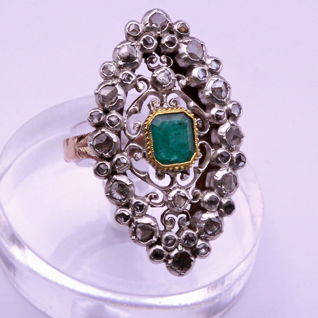 Antique Victorian ring emerald diamonds gold silver openwork Sicily (7303)