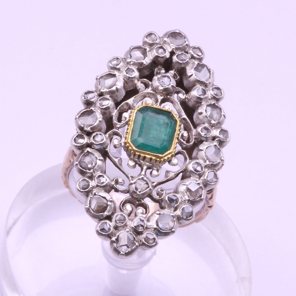 Antique Victorian ring emerald diamonds gold silver openwork Sicily (7303)