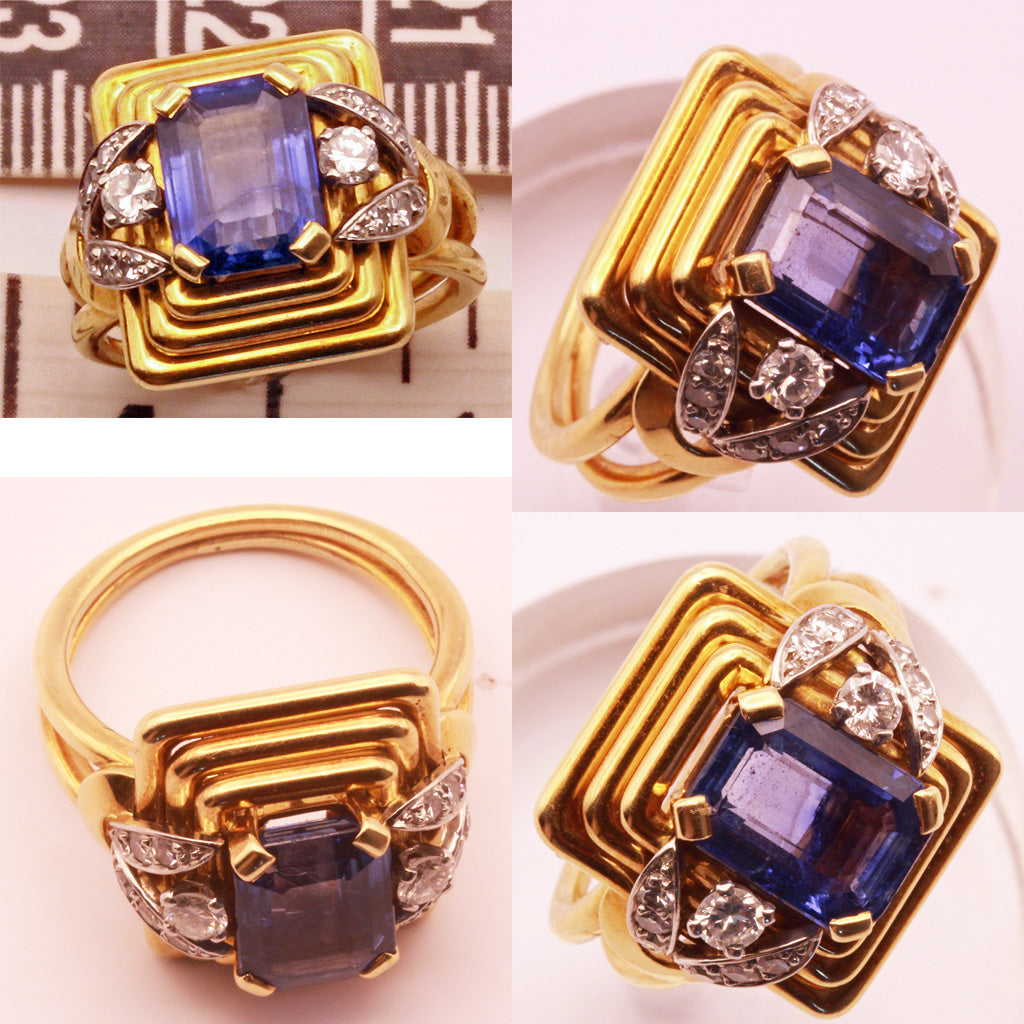 Vintage Retro Ring 18k gold platinum sapphire diamonds French signed 1940's(7317)