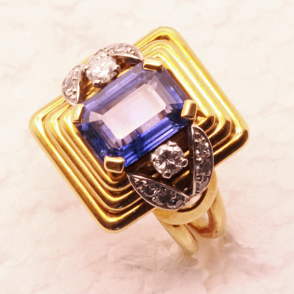 Vintage Retro Ring 18k gold platinum sapphire diamonds French signed 1940's(7317)