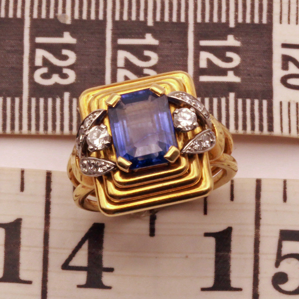 Vintage Retro Ring 18k gold platinum sapphire diamonds French signed 1940's(7317)