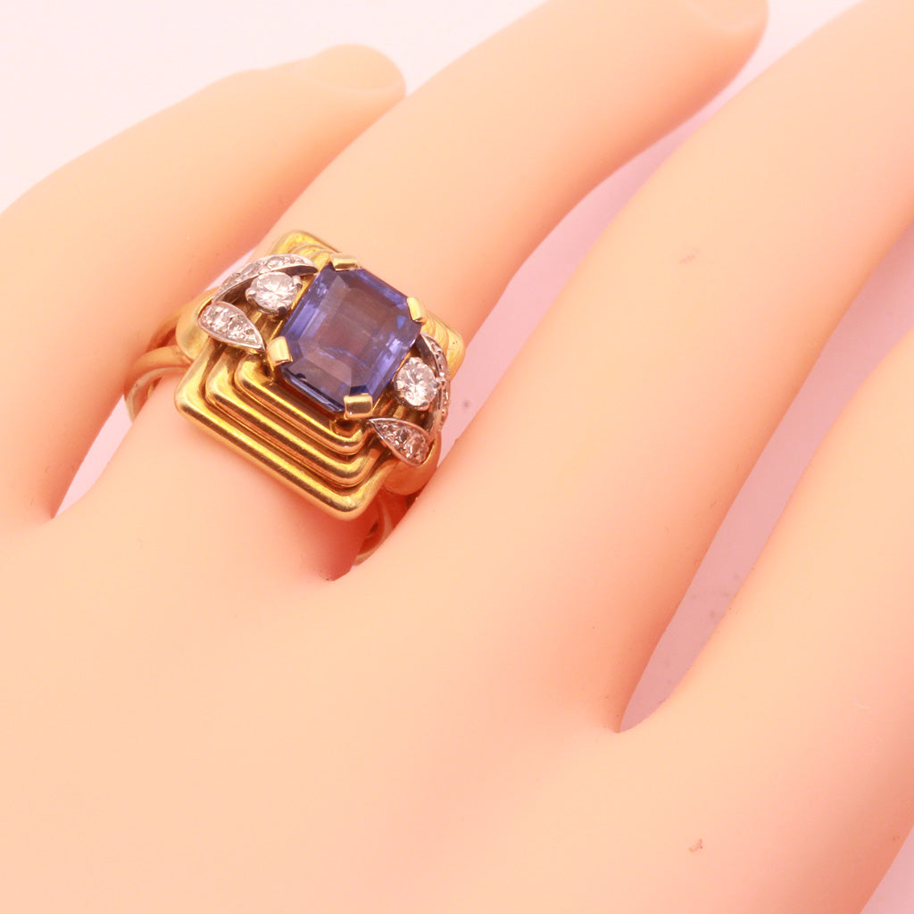 Vintage Retro Ring 18k gold platinum sapphire diamonds French signed 1940's(7317)