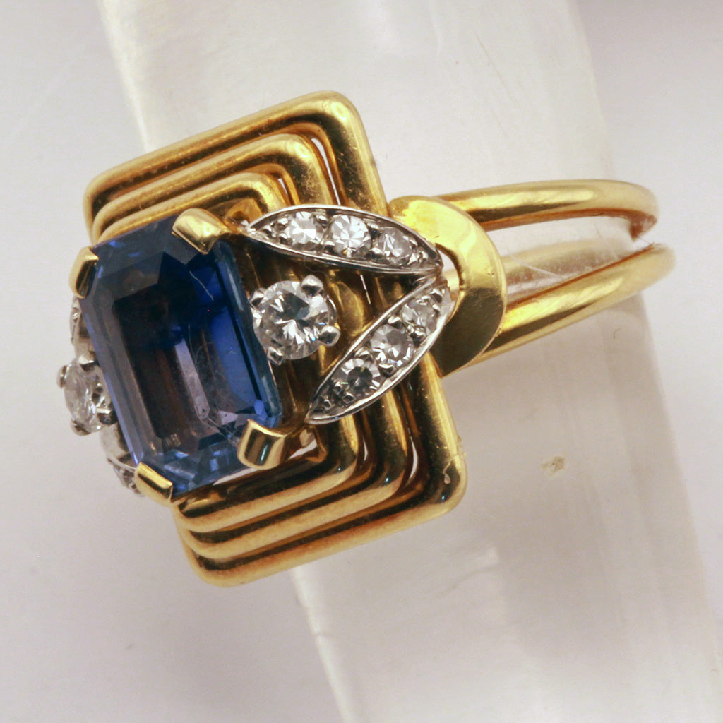 Vintage Retro Ring 18k gold platinum sapphire diamonds French signed 1940's(7317)