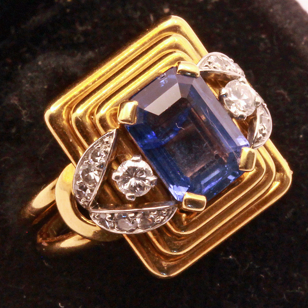 Vintage Retro Ring 18k gold platinum sapphire diamonds French signed 1940's(7317)