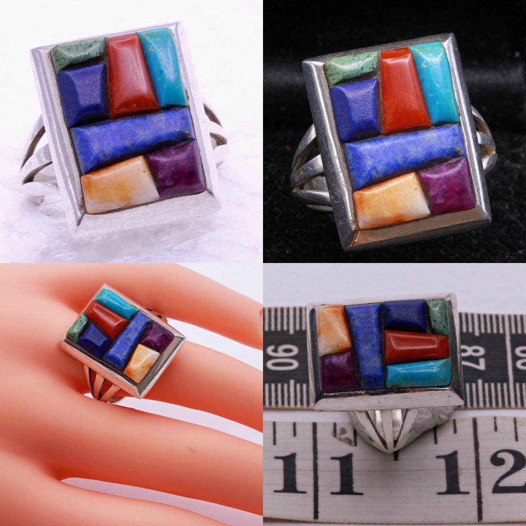 Vintage ring Man's Navajo multi gemstone silver signed Alvin Yellowhorse (7336)