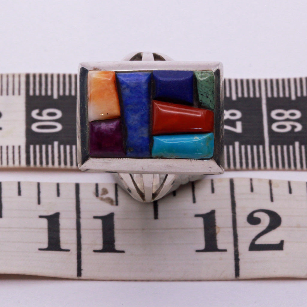 Vintage ring Man's Navajo multi gemstone silver signed Alvin Yellowhorse (7336)