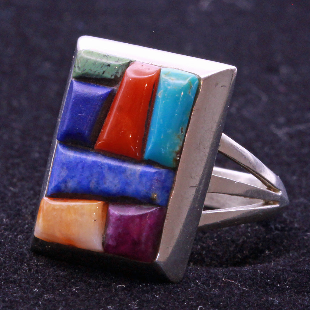 Vintage ring Man's Navajo multi gemstone silver signed Alvin Yellowhorse (7336)