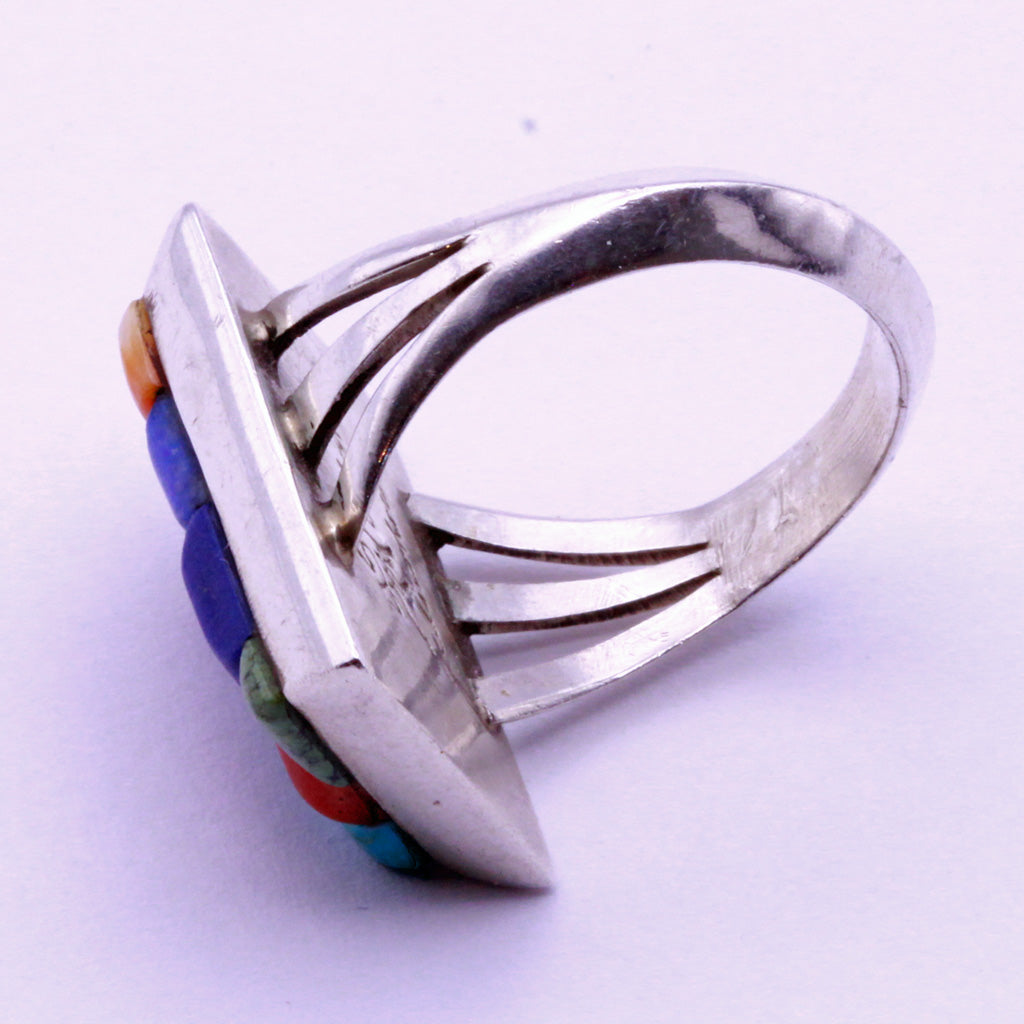 Vintage ring Man's Navajo multi gemstone silver signed Alvin Yellowhorse (7336)