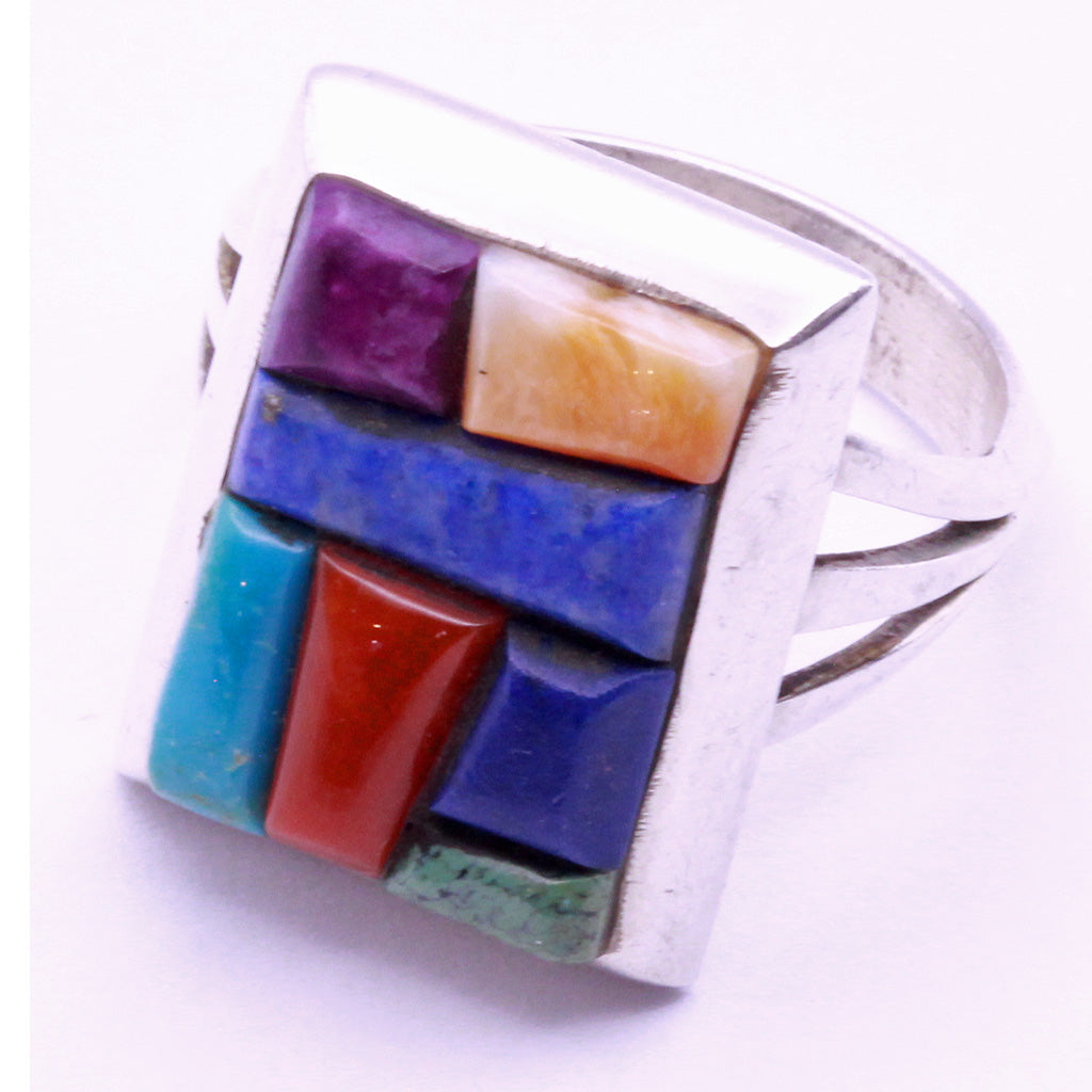 Vintage ring Man's Navajo multi gemstone silver signed Alvin Yellowhorse (7336)