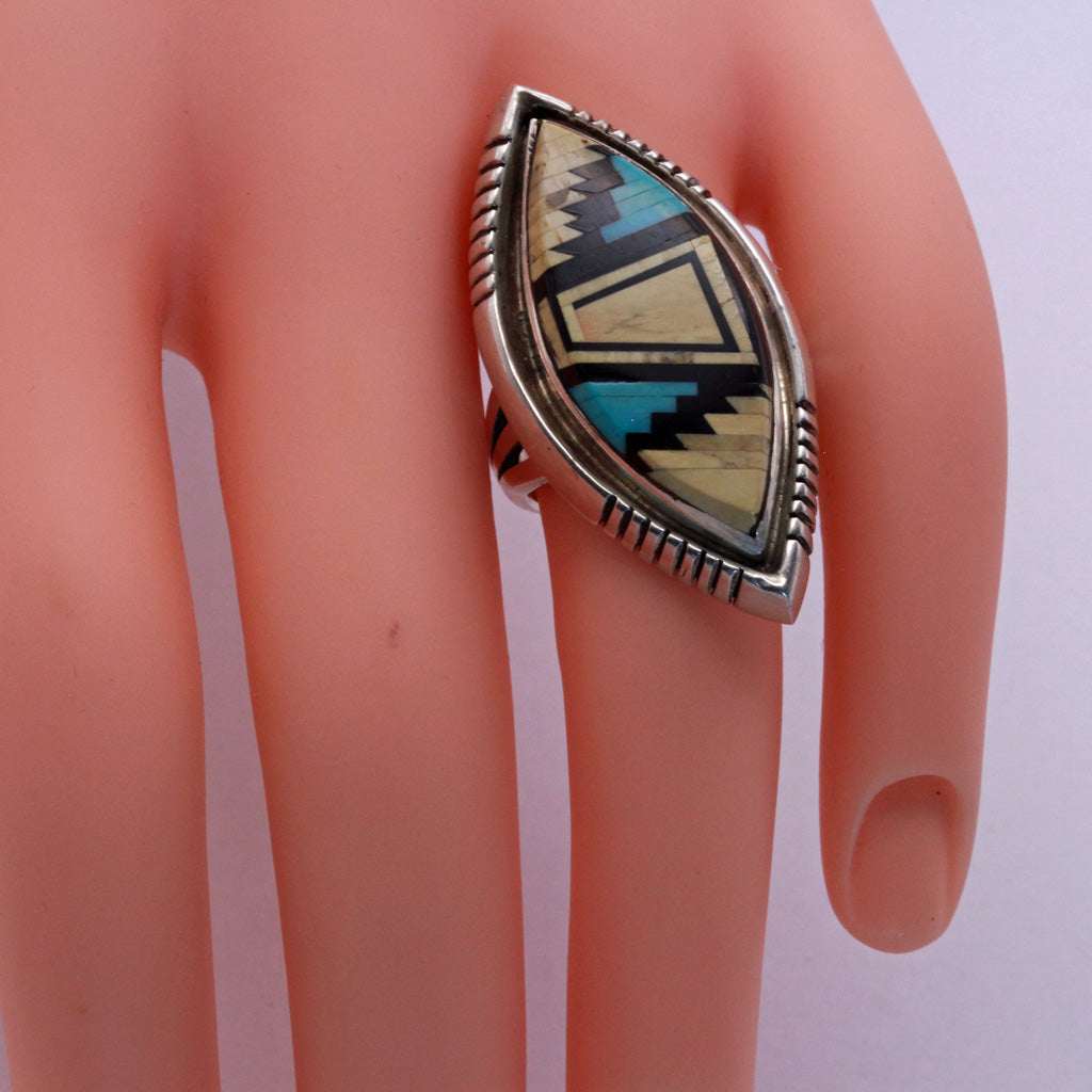 Vintage Navajo Man's ring multi gemstone silver signed Alvin Yellowhorse (7337)