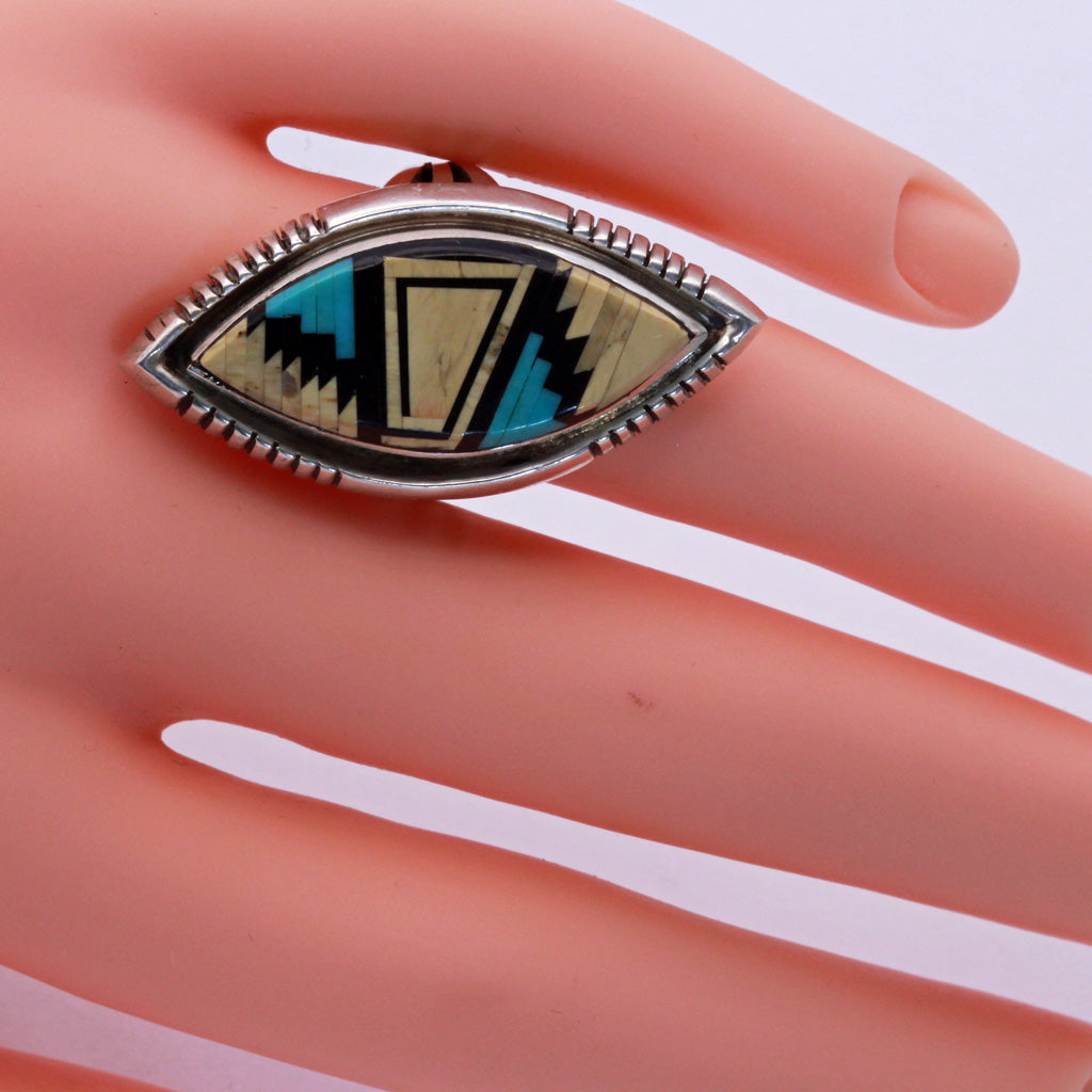 Vintage Navajo Man's ring multi gemstone silver signed Alvin Yellowhorse (7337)