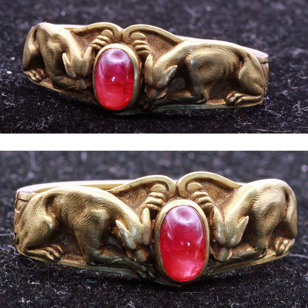 Antique Art Nouveau scarf pin ring French panthers 18k gold ruby Unisex (7355)