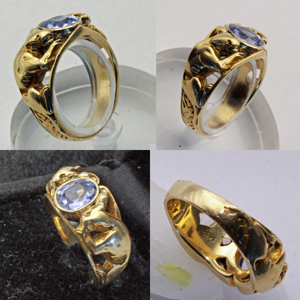 Antique Art Nouveau Victorian ring 14k gold sapphire panthers Man or Woman(7402)