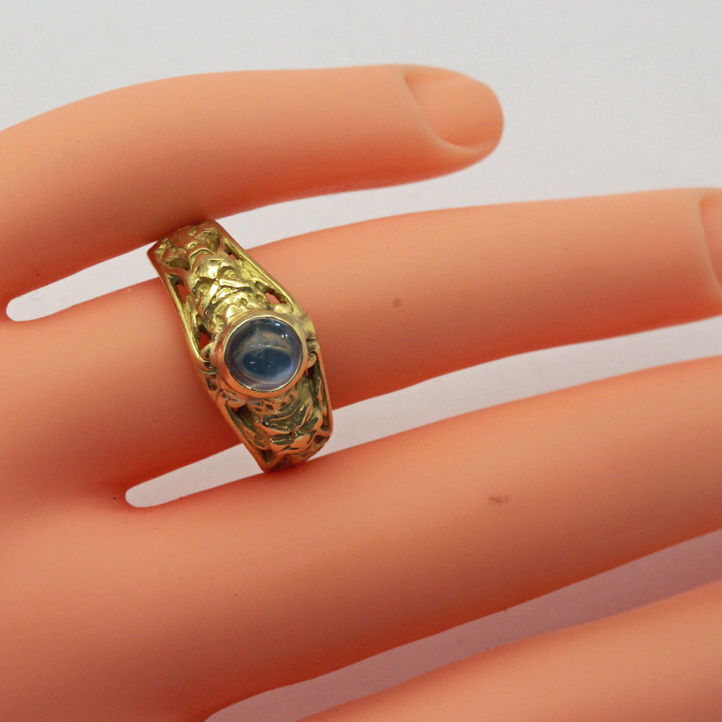 Antique Victorian Art Nouveau Ring 18k gold moonstone satyr Masks French (7403)