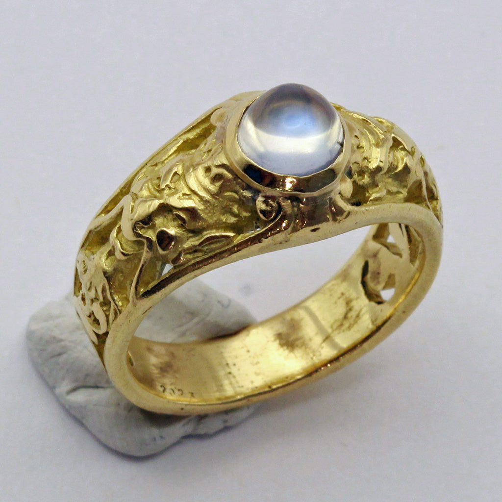 Antique Victorian Art Nouveau Ring 18k gold moonstone satyr Masks French (7403)