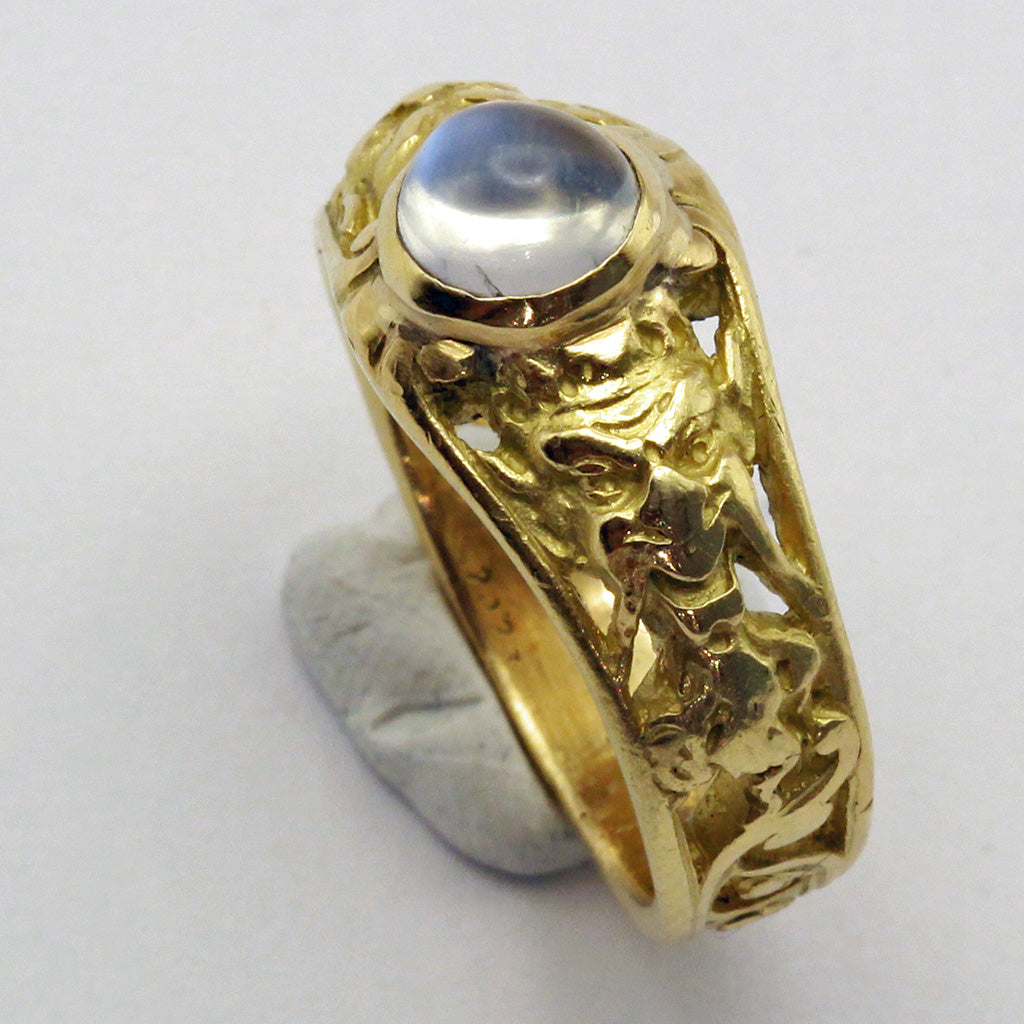 Antique Victorian Art Nouveau Ring 18k gold moonstone satyr Masks French (7403)