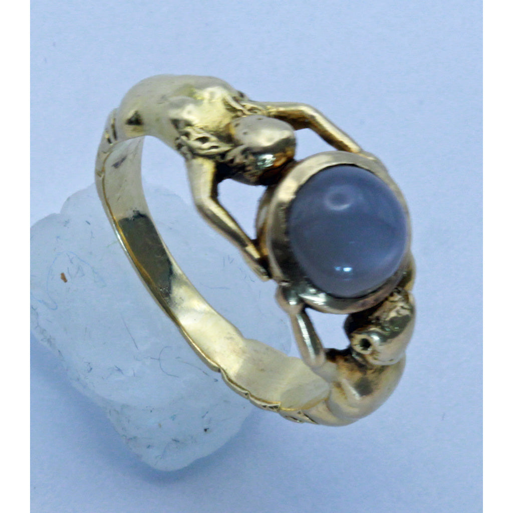 Antique Art Nouveau ring 18k gold moonstone male female figures French (7404)