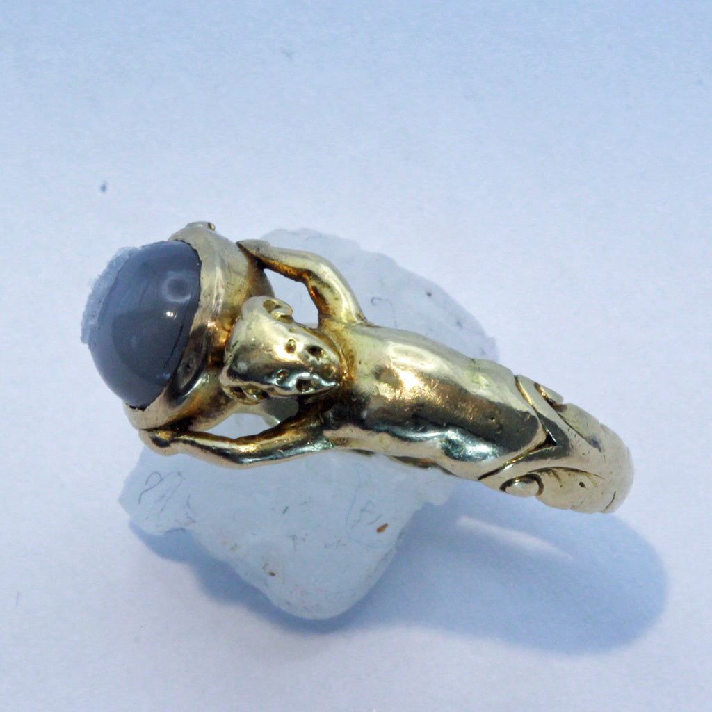 Antique Art Nouveau ring 18k gold moonstone male female figures French (7404)