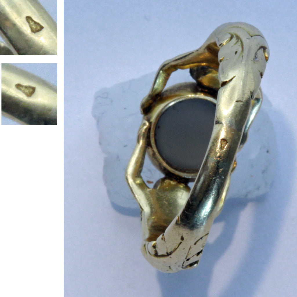 Antique Art Nouveau ring 18k gold moonstone male female figures French (7404)