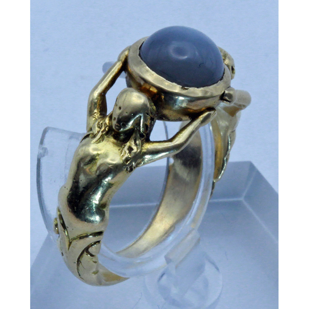 Antique Art Nouveau ring 18k gold moonstone male female figures French (7404)