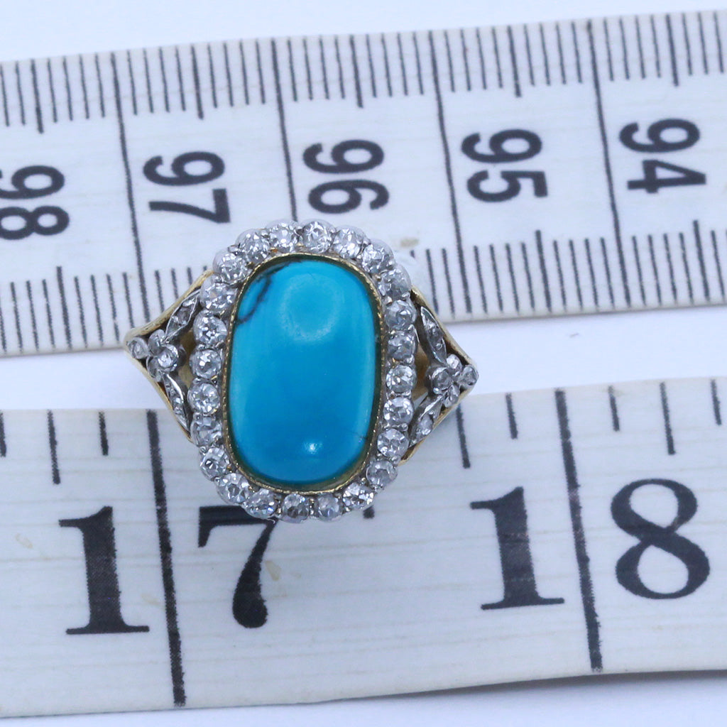 Antique Edwardian ring gold platinum natural turquoise diamonds French (7409)