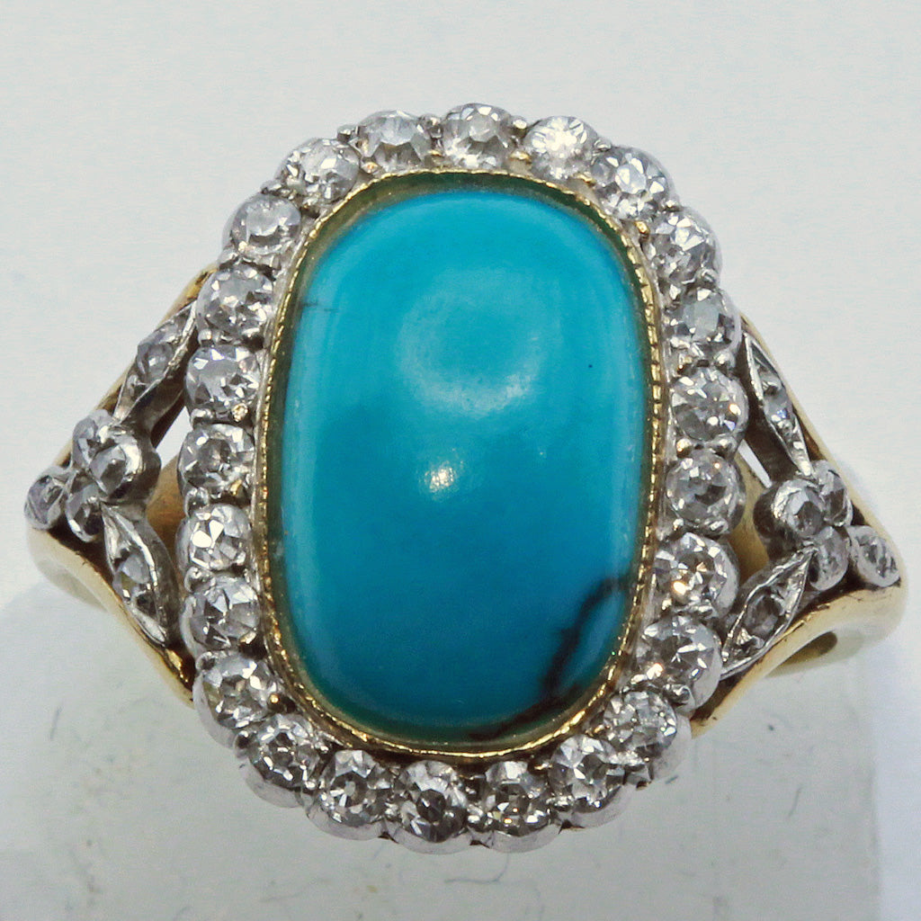 Antique Edwardian ring gold platinum natural turquoise diamonds French (7409)