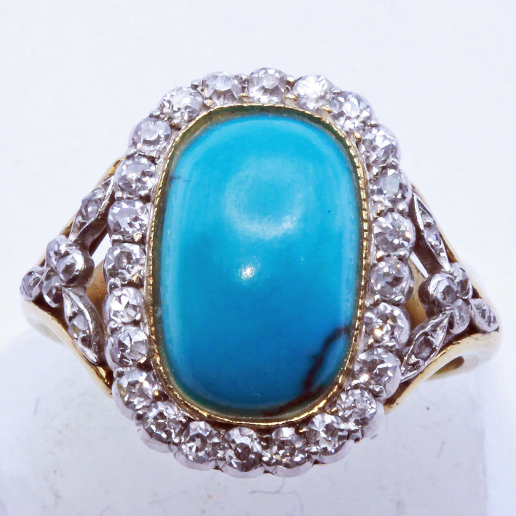 Antique Edwardian ring gold platinum natural turquoise diamonds French (7409)