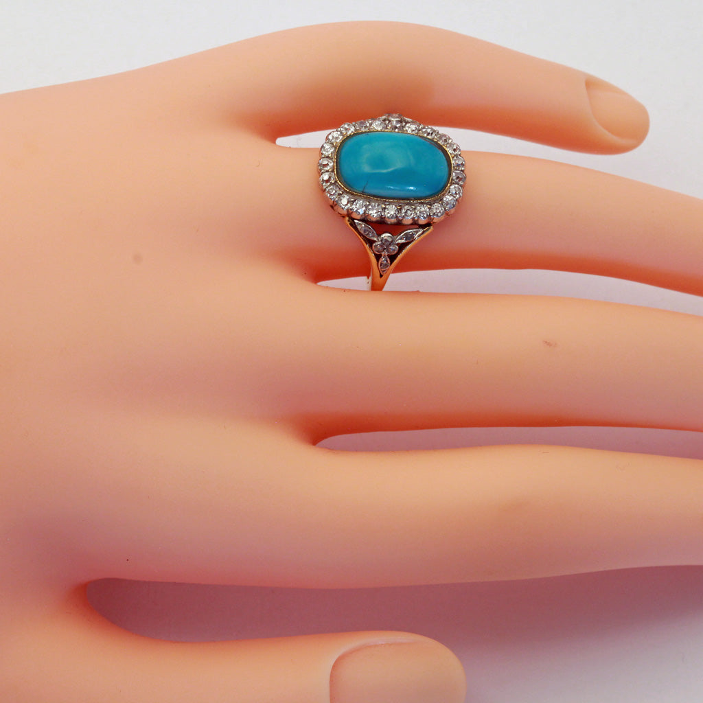 Antique Edwardian ring gold platinum natural turquoise diamonds French (7409)