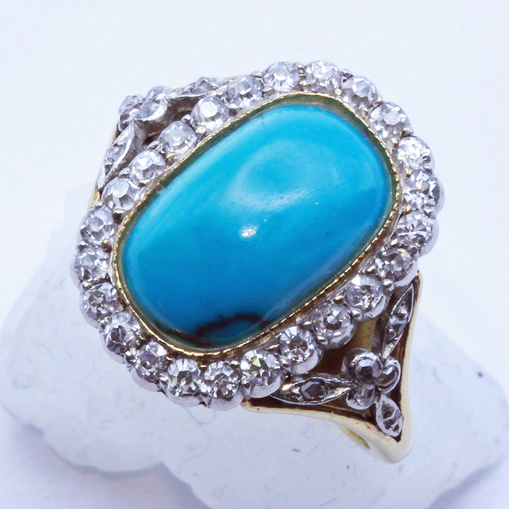 Antique Edwardian ring gold platinum natural turquoise diamonds French (7409)