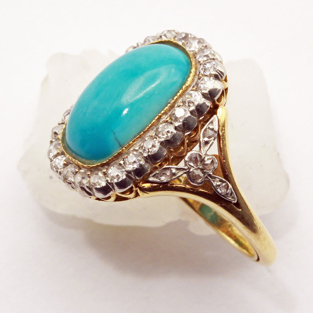 Antique Edwardian ring gold platinum natural turquoise diamonds French (7409)