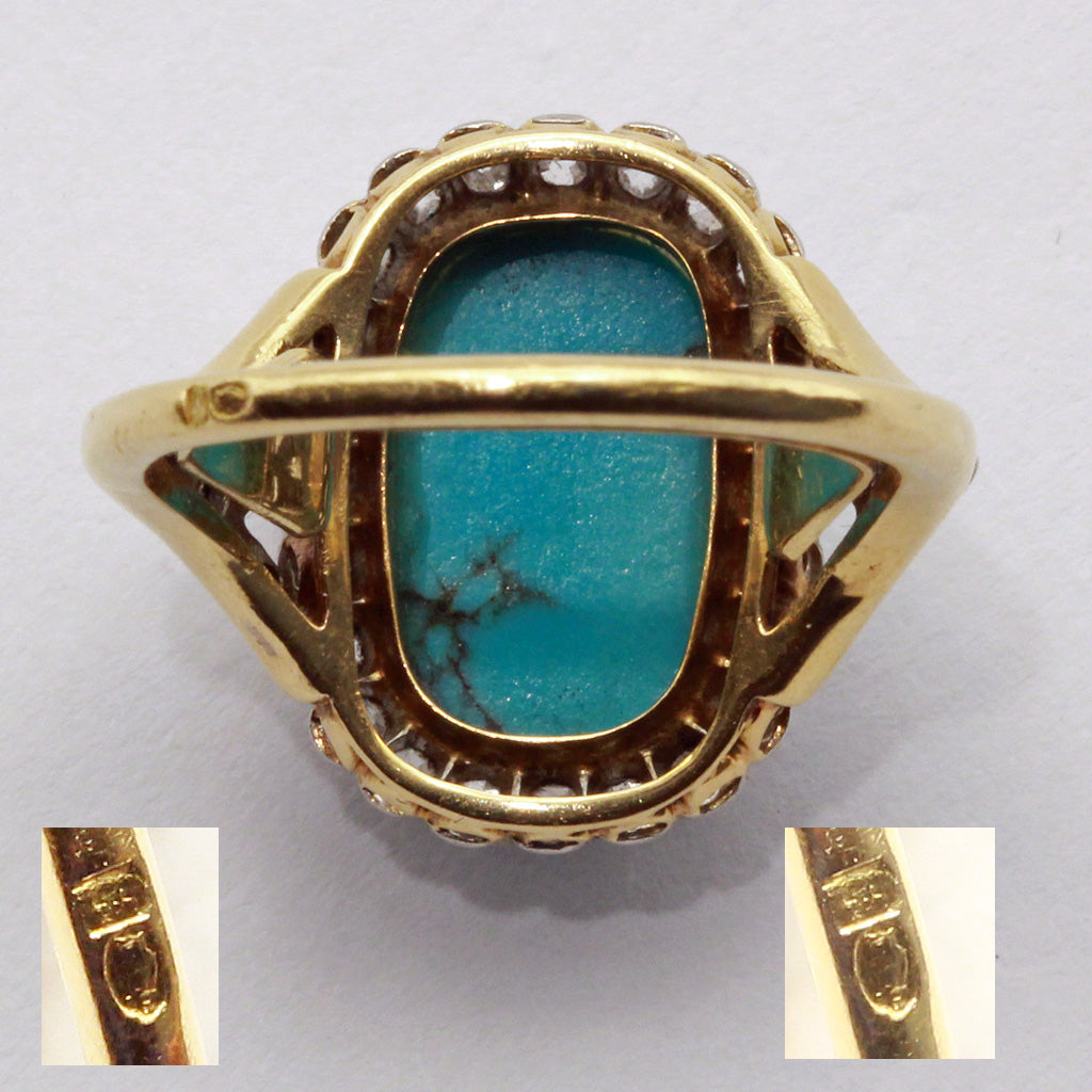 Antique Edwardian ring gold platinum natural turquoise diamonds French (7409)