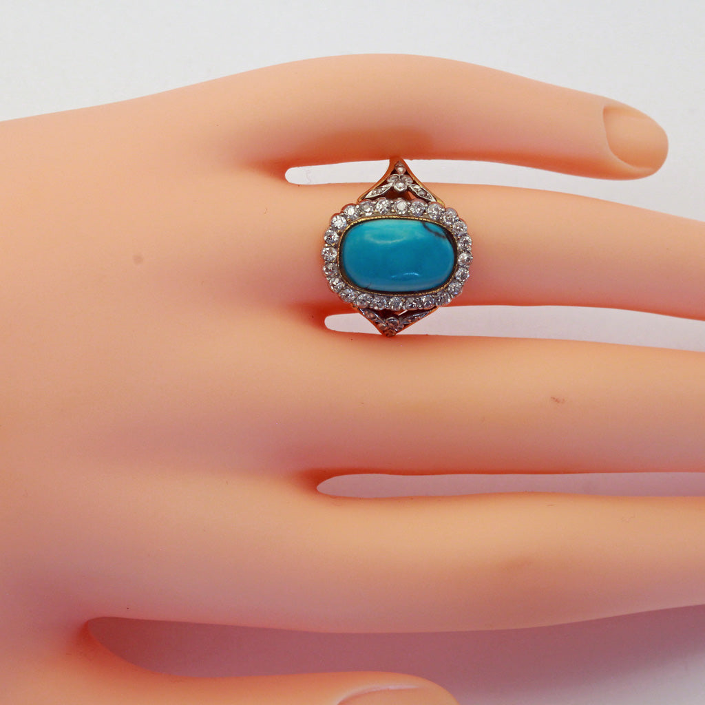 Antique Edwardian ring gold platinum natural turquoise diamonds French (7409)