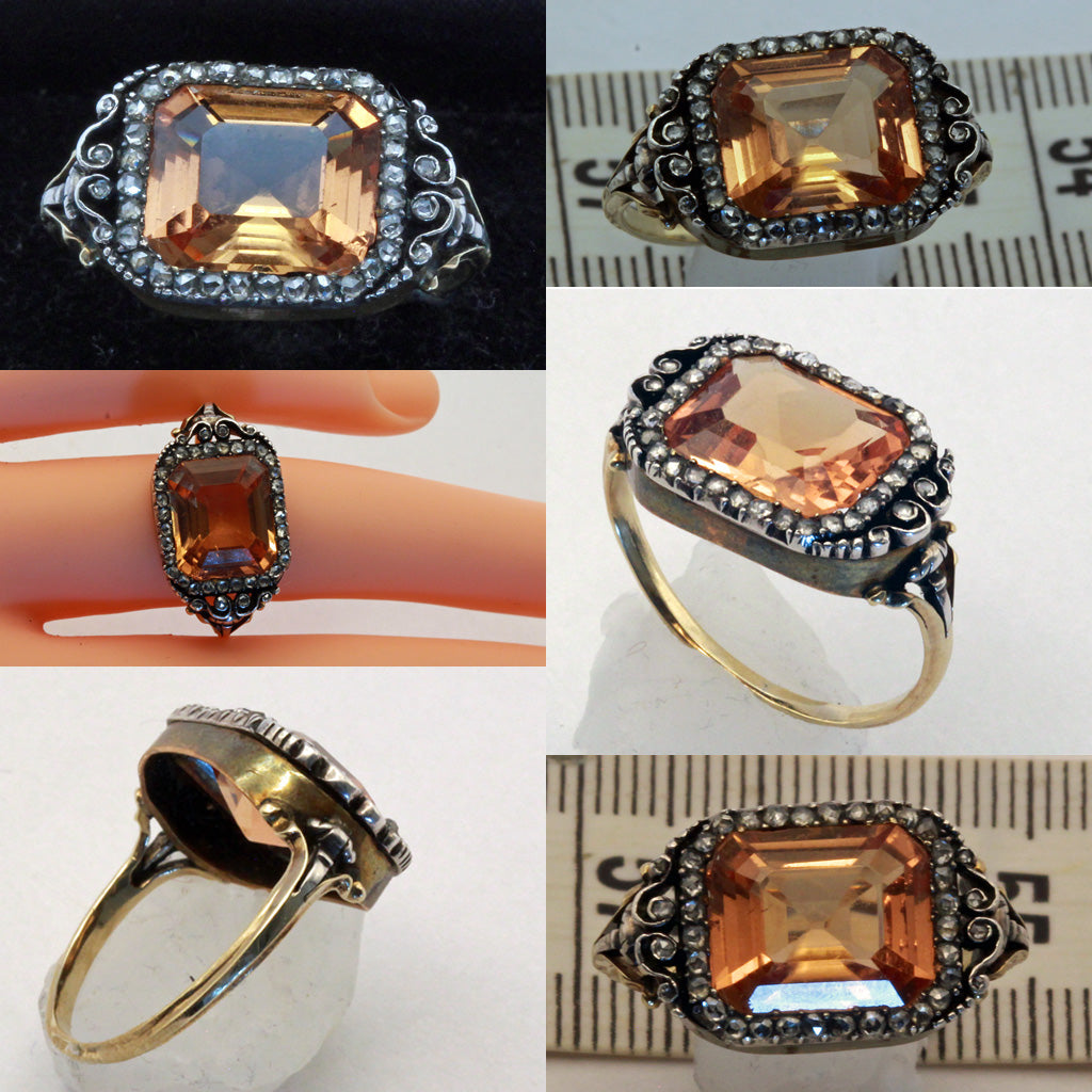 Antique Georgian ring Certified Imperial topaz diamond gold silver English(7412)