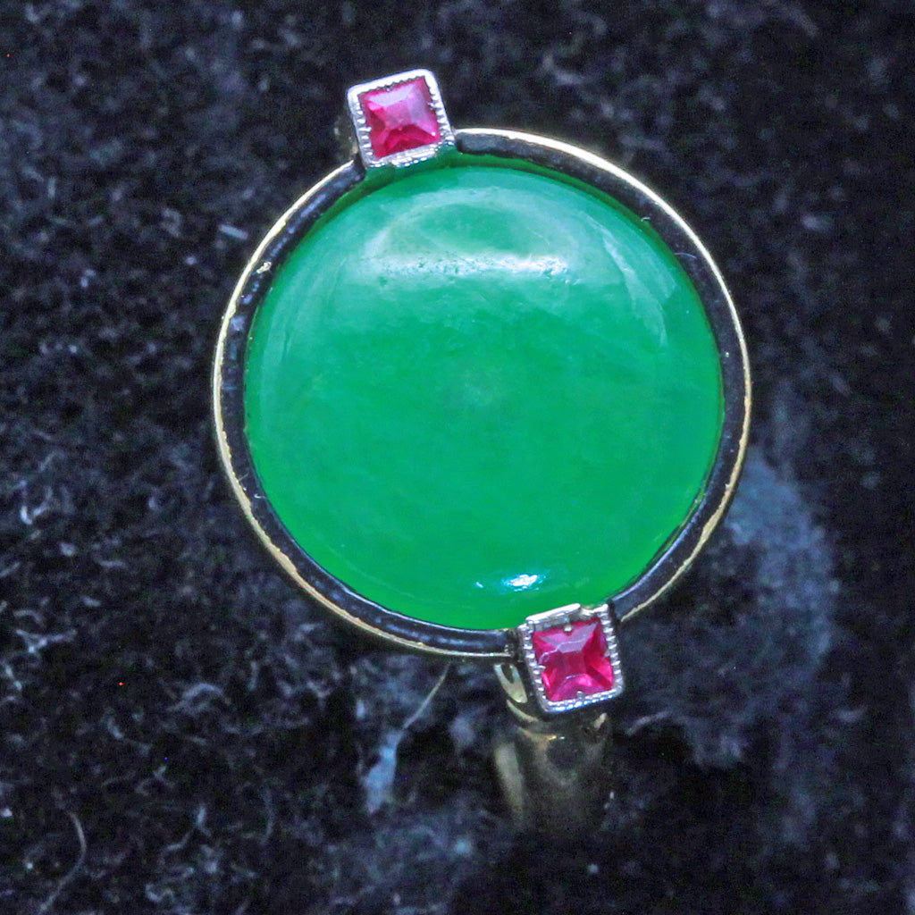 Antique Art Deco Ring Natural jade rubies 18k gold enamel Birmingham 1924 (7414)