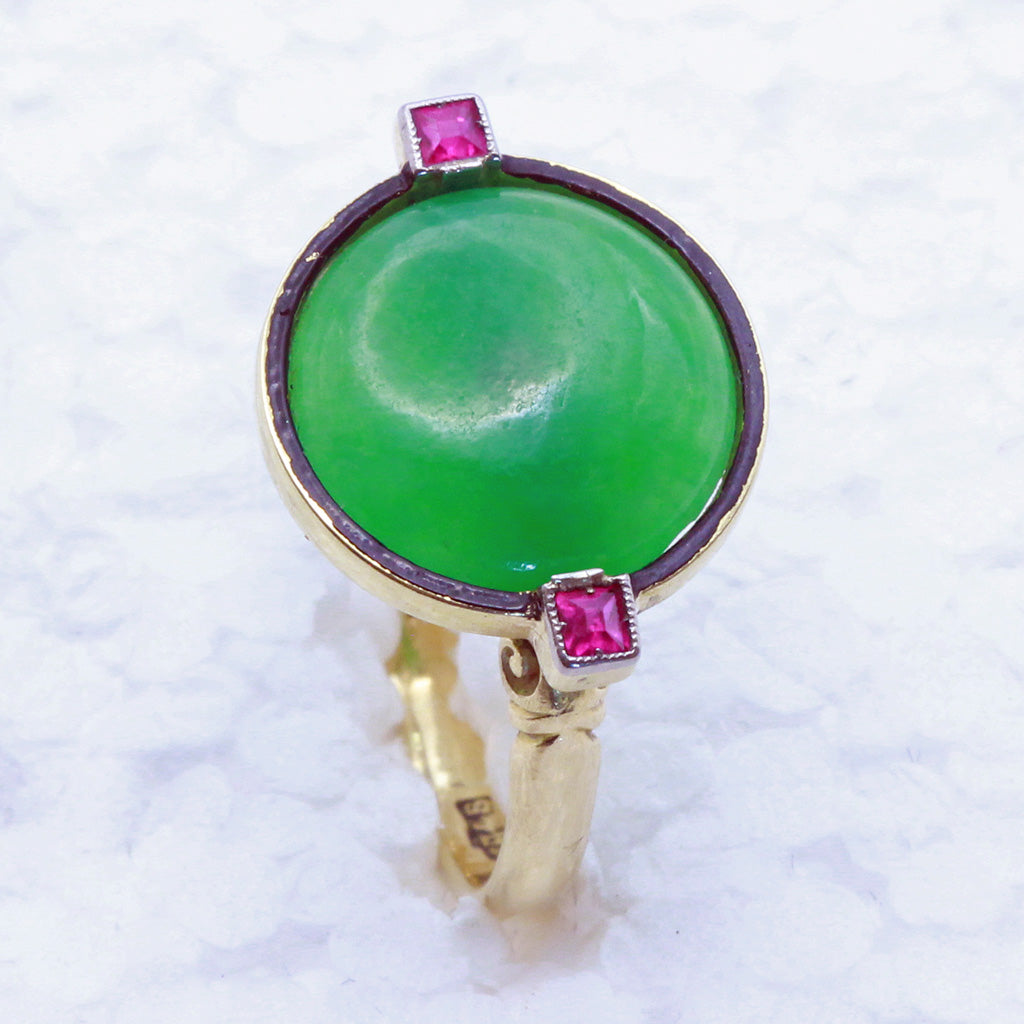 Antique Art Deco Ring Natural jade rubies 18k gold enamel Birmingham 1924 (7414)