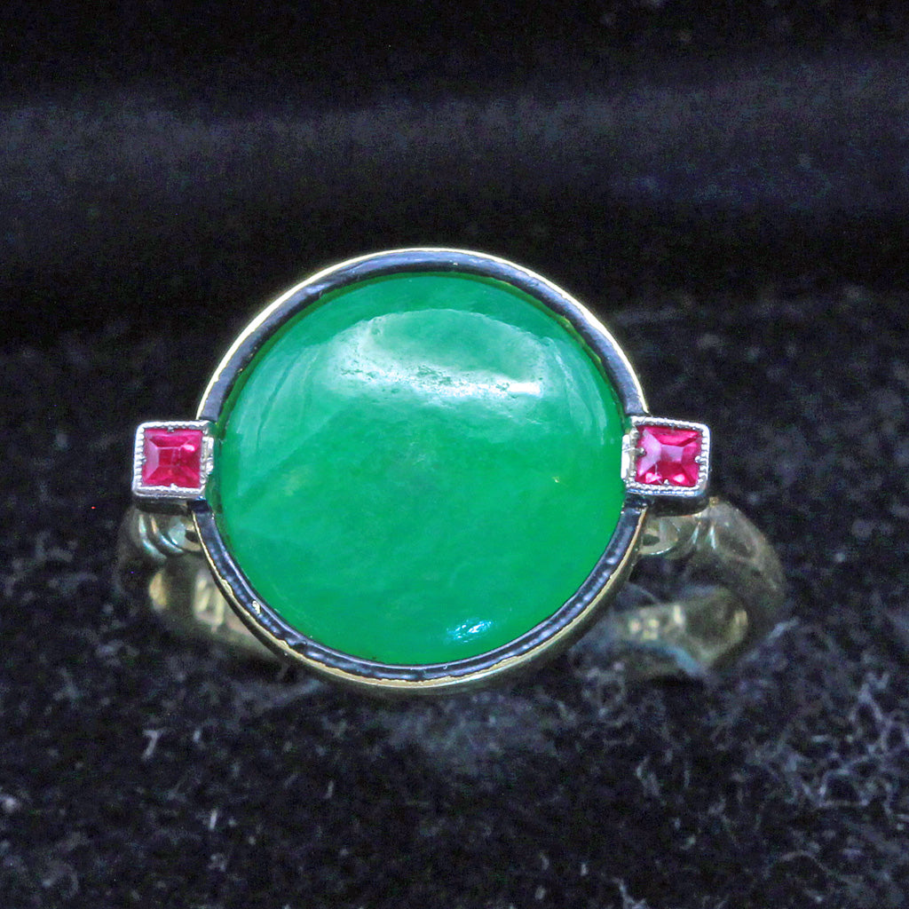 Antique Art Deco Ring Natural jade rubies 18k gold enamel Birmingham 1924 (7414)