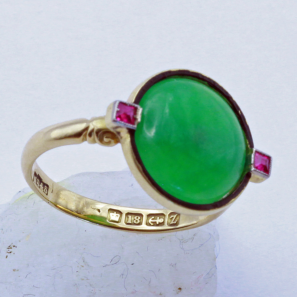 Antique Art Deco Ring Natural jade rubies 18k gold enamel Birmingham 1924 (7414)