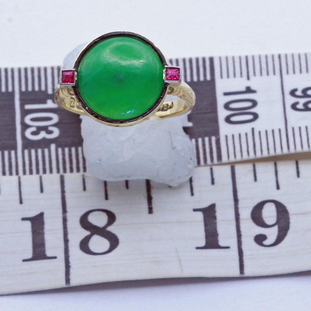 Antique Art Deco Ring Natural jade rubies 18k gold enamel Birmingham 1924 (7414)