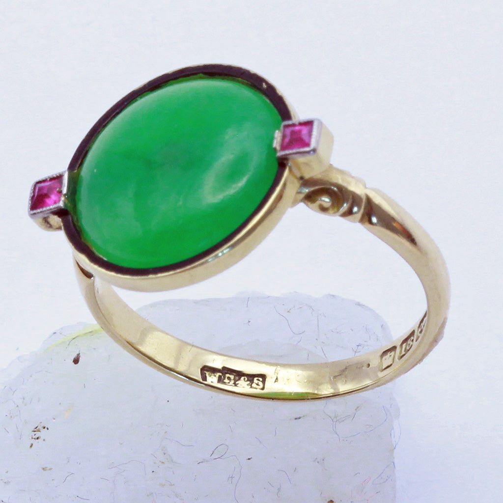 Antique Art Deco Ring Natural jade rubies 18k gold enamel Birmingham 1924 (7414)