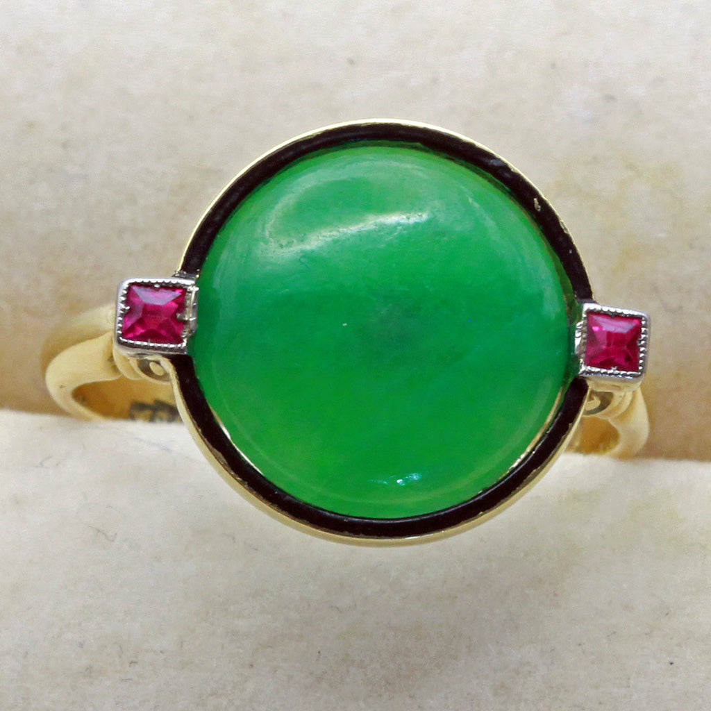 Antique Art Deco Ring Natural jade rubies 18k gold enamel Birmingham 1924 (7414)